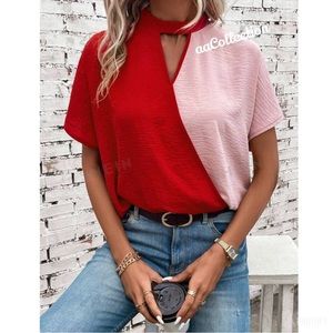 Classic Elegant Two Tone Cut Out Cowl Neck Overlap Blouse Top Shirt Pink